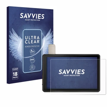 Front side of a product packaging with the brand logo Savvies. Next to it is the device Garmin Tread Overland Edition 8