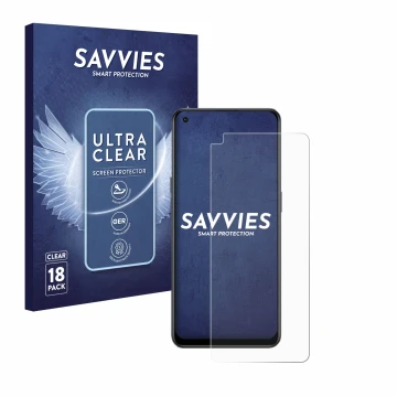 Front side of a product packaging with the brand logo Savvies. Next to it is the device Oppo Reno 8 Lite shown with the corres