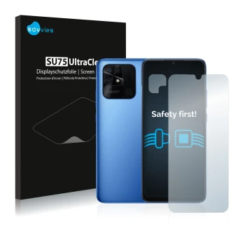 Front side of a product packaging with the brand logo Savvies. Next to it is the device Xiaomi Redmi 10C (Front+Camera) shown 