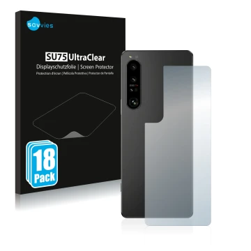 Front side of a product packaging with the brand logo Savvies. Next to it is the device Sony Xperia 1 IV (Back) shown with the
