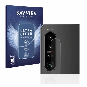 Front side of a product packaging with the brand logo Savvies. Next to it is the device Sony Xperia 1 IV (ONLY Camera Lens) sh