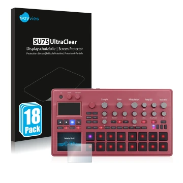 Front side of a product packaging with the brand logo Savvies. Next to it is the device KORG electribe Sampler shown with the 