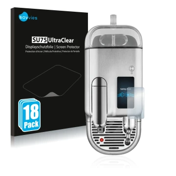 Front side of a product packaging with the brand logo Savvies. Next to it is the device Sage Nespresso Creatista Pro shown wit