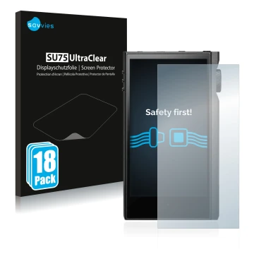 Front side of a product packaging with the brand logo Savvies. Next to it is the device Astell&Kern Kann Max shown with the co