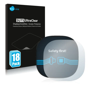 Front side of a product packaging with the brand logo Savvies. Next to it is the device ecobee Smart Thermostat Premium shown 