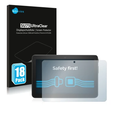 Front side of a product packaging with the brand logo Savvies. Next to it is the device Amazon Fire 7 2022 shown with the corr