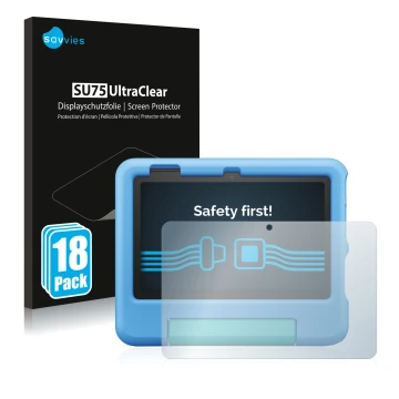 Front side of a product packaging with the brand logo Savvies. Next to it is the device Amazon Fire 7 Kids 2022 shown with the
