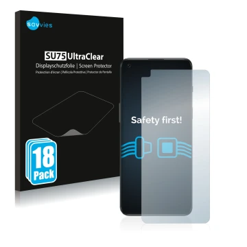 Front side of a product packaging with the brand logo Savvies. Next to it is the device OnePlus Nord 2T 5G shown with the corr