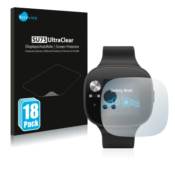 Front side of a product packaging with the brand logo Savvies. Next to it is the device ASUS Vivowatch BP shown with the corre