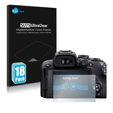 Front side of a product packaging with the brand logo Savvies. Next to it is the device Canon EOS R10 shown with the correspon