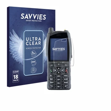 Front side of a product packaging with the brand logo Savvies. Next to it is the device Sepura SC20 shown with the correspondi