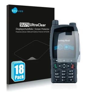 Front side of a product packaging with the brand logo Savvies. Next to it is the device Sepura SC21 shown with the correspondi