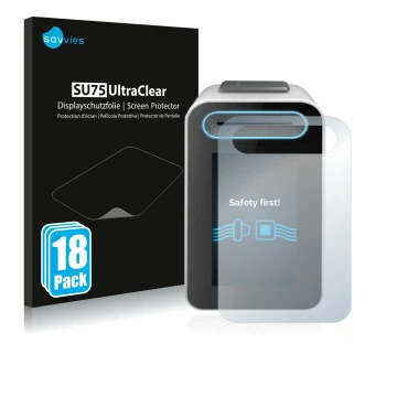 Front side of a product packaging with the brand logo Savvies. Next to it is the device Cherry eHealth Terminal ST-1506 shown 