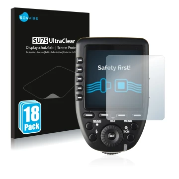 Front side of a product packaging with the brand logo Savvies. Next to it is the device Godox XPro shown with the correspondin