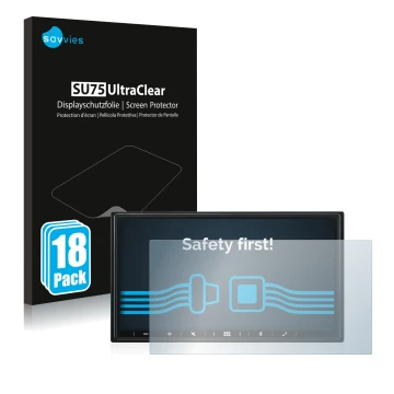 Front side of a product packaging with the brand logo Savvies. Next to it is the device Alpine iLX-W690D shown with the corres