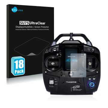 Front side of a product packaging with the brand logo Savvies. Next to it is the device Futaba T4GRS shown with the correspond