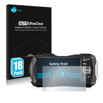 Front side of a product packaging with the brand logo Savvies. Next to it is the device Ricoh WG-80 shown with the correspondi