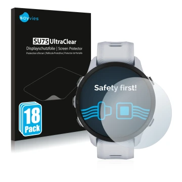 Front side of a product packaging with the brand logo Savvies. Next to it is the device Garmin Forerunner 955 shown with the c
