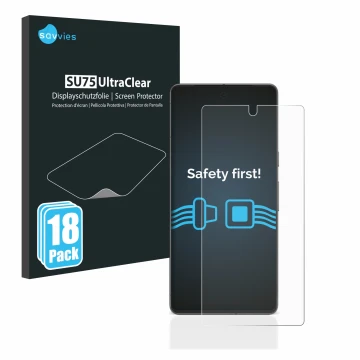 Front side of a product packaging with the brand logo Savvies. Next to it is the device Google Pixel 7 shown with the correspo