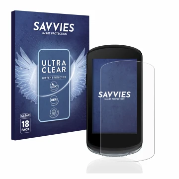 Front side of a product packaging with the brand logo Savvies. Next to it is the device Garmin Edge 1040 shown with the corres