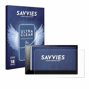 Front side of a product packaging with the brand logo Savvies. Next to it is the device Pioneer SPH-DA360DAB shown with the co