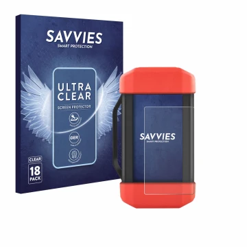 Front side of a product packaging with the brand logo Savvies. Next to it is the device Launch SRDs SmartLink shown with the c