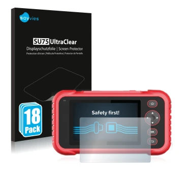 Front side of a product packaging with the brand logo Savvies. Next to it is the device Launch CRP 123 / 129 EVO shown with th