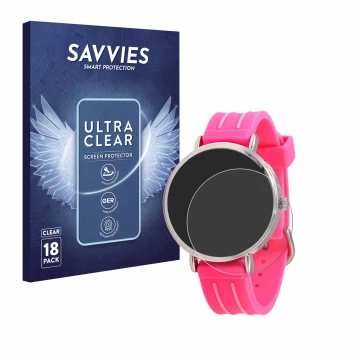 Front side of a product packaging with the brand logo Savvies. Next to it is the device Kiddus Children's Learning Watch shown