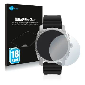 Front side of a product packaging with the brand logo Savvies. Next to it is the device Fossil Gen 6 Hybrid Machine (45mm) sho