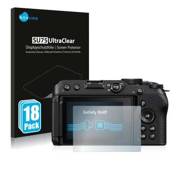 Front side of a product packaging with the brand logo Savvies. Next to it is the device Nikon Z 30 shown with the correspondin