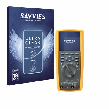 Front side of a product packaging with the brand logo Savvies. Next to it is the device Fluke 287 shown with the corresponding