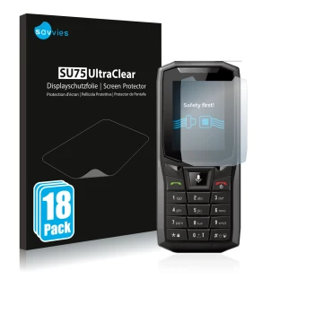 Front side of a product packaging with the brand logo Savvies. Next to it is the device Crosscall Core-S4 shown with the corre