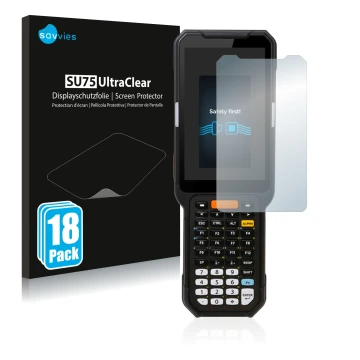 Front side of a product packaging with the brand logo Savvies. Next to it is the device Point Mobile PM451 shown with the corr