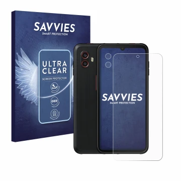 Front side of a product packaging with the brand logo Savvies. Next to it is the device Samsung Galaxy Xcover 6 Pro (Front+Cam