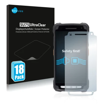 Front side of a product packaging with the brand logo Savvies. Next to it is the device Janam XT3 shown with the corresponding