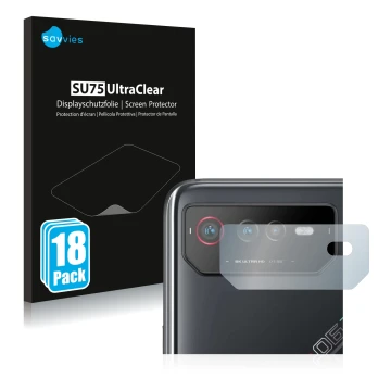 Front side of a product packaging with the brand logo Savvies. Next to it is the device ASUS ROG Phone 6 (ONLY Camera Lens) sh