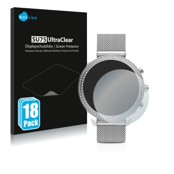 Front side of a product packaging with the brand logo Savvies. Next to it is the device Fossil Stella (6. Gen) shown with the 