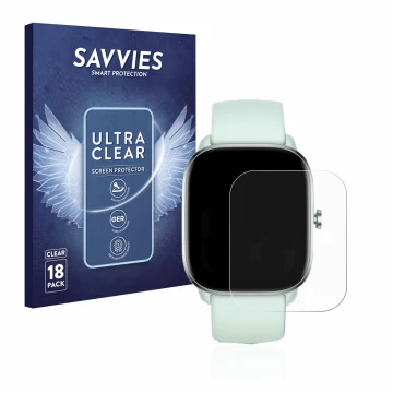 Front side of a product packaging with the brand logo Savvies. Next to it is the device Huami Amazfit GTS 4 Mini shown with th