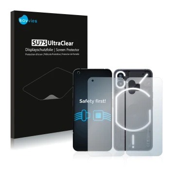 Front side of a product packaging with the brand logo Savvies. Next to it is the device Nothing Phone (1) (Front+Back) shown w