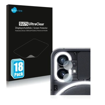 Front side of a product packaging with the brand logo Savvies. Next to it is the device Nothing Phone (1) (ONLY Camera Lens) s