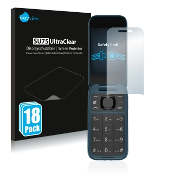 Front side of a product packaging with the brand logo Savvies. Next to it is the device Nokia 2660 Flip shown with the corresp