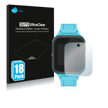 Front side of a product packaging with the brand logo Savvies. Next to it is the device TCL Movetime Family Watch MT40 shown w