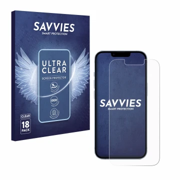 Front side of a product packaging with the brand logo Savvies. Next to it is the device Apple iPhone 14 shown with the corresp