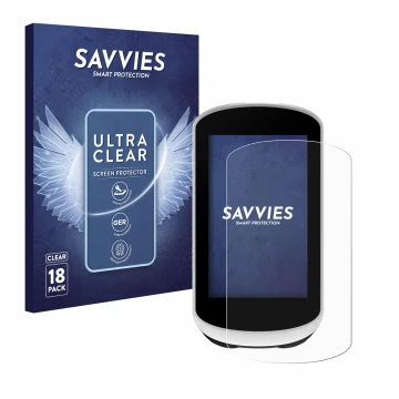 Front side of a product packaging with the brand logo Savvies. Next to it is the device Garmin Edge Explore 2 shown with the c