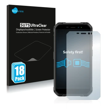 Front side of a product packaging with the brand logo Savvies. Next to it is the device Ulefone Armor X6 Pro shown with the co