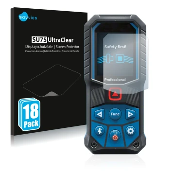 Front side of a product packaging with the brand logo Savvies. Next to it is the device Bosch GLM 50-27 C shown with the corre