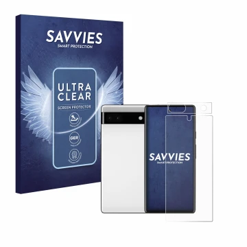 Front side of a product packaging with the brand logo Savvies. Next to it is the device Google Pixel 6a (Front+Camera) shown w