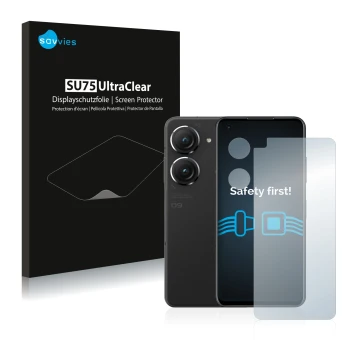 Front side of a product packaging with the brand logo Savvies. Next to it is the device ASUS ZenFone 9 (Front+Camera) shown wi