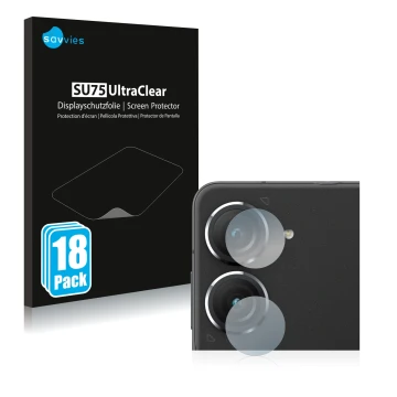 Front side of a product packaging with the brand logo Savvies. Next to it is the device ASUS ZenFone 9 (ONLY Camera Lens) show