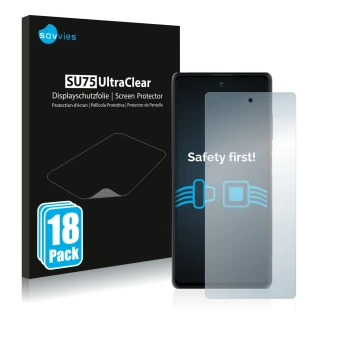 Front side of a product packaging with the brand logo Savvies. Next to it is the device Blackview A100 shown with the correspo